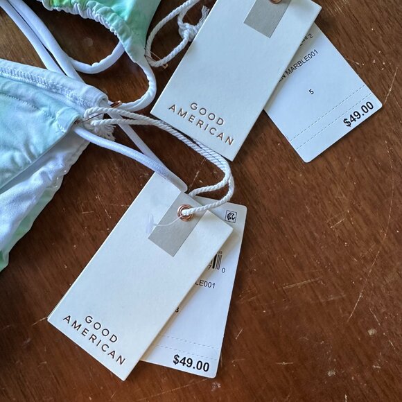 GOOD AMERICAN Tiny Ties Bikini Set | Green & White Marble | 5 top 3 bottom - Picture 6 of 8